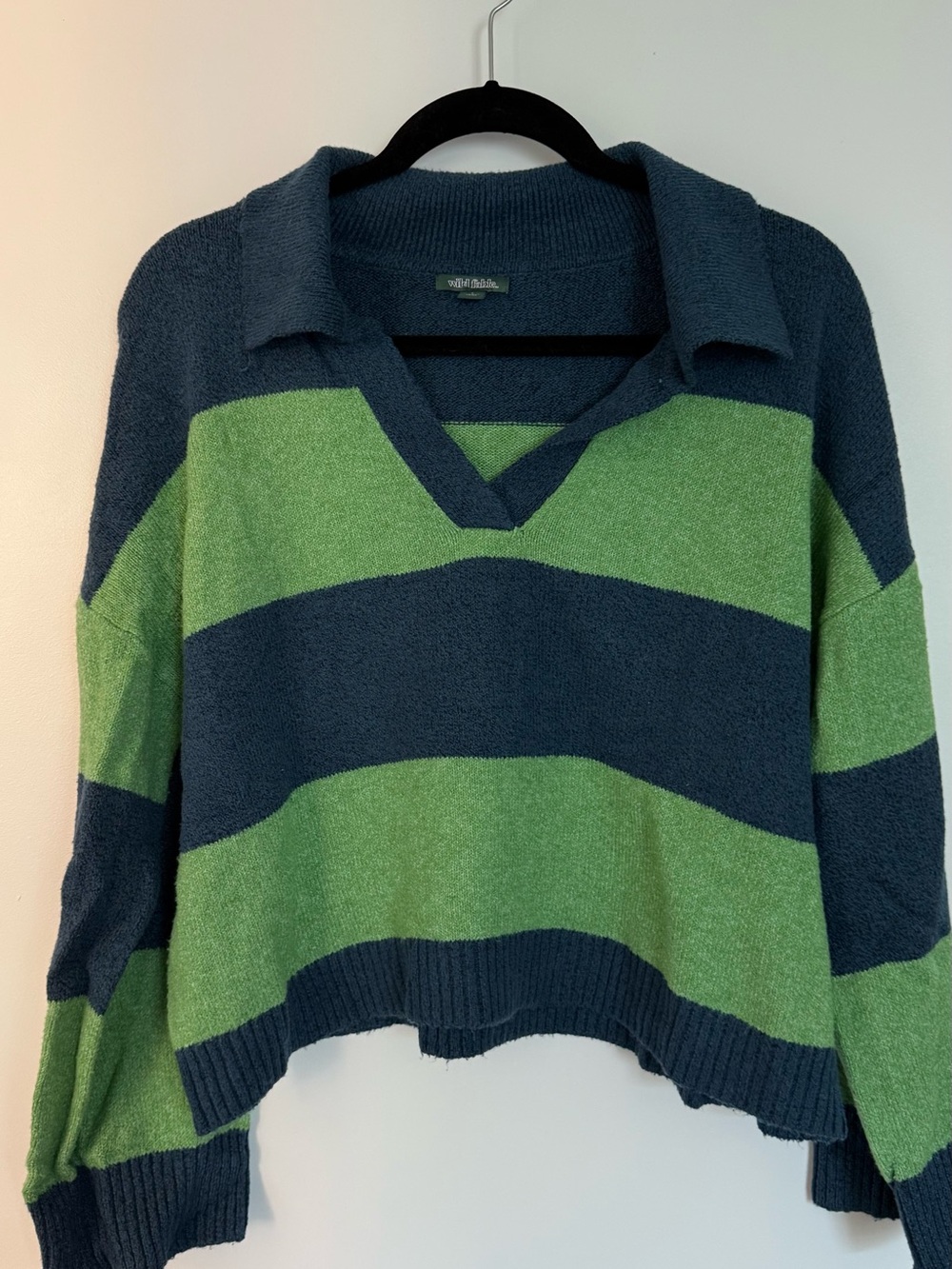 wild fable Green and Navy Striped V-Neck Collared Sweater